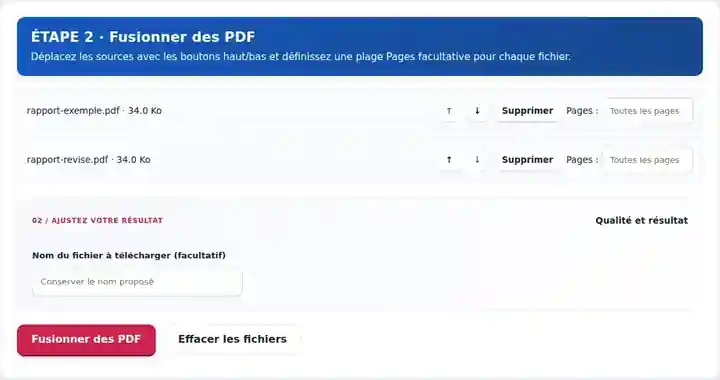 Fusionner des PDF, étape 2 : Déplacez les sources avec les boutons haut/bas et définissez une plage Pages facultative pour chaque fichier.