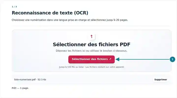 Reconnaissance de texte (OCR), étape 1 : Choisissez une numérisation dans une langue prise en charge et sélectionnez jusqu’à 20 pages.