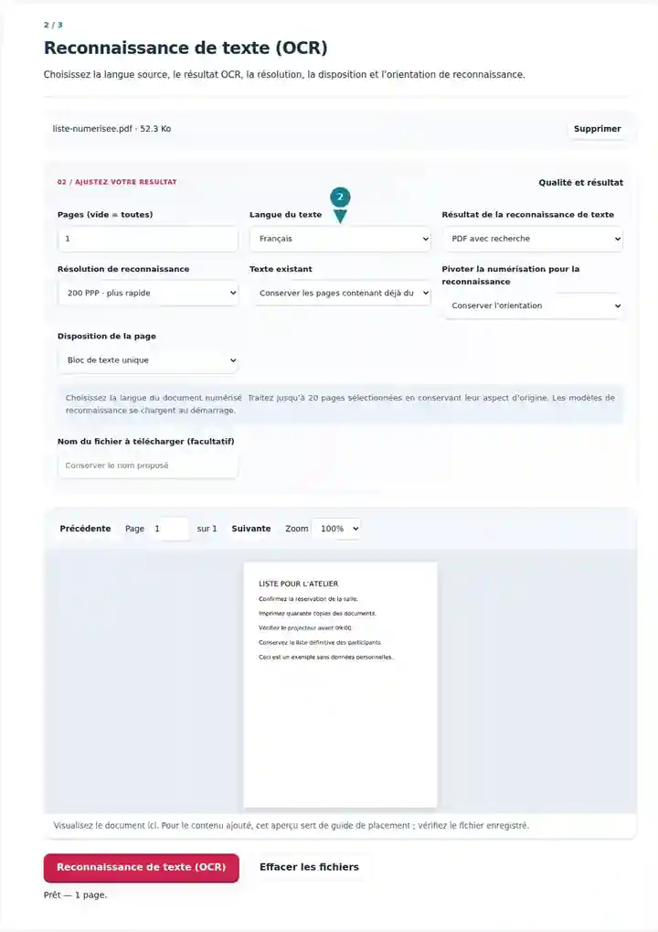 Reconnaissance de texte (OCR), étape 2 : Choisissez la langue source, le résultat OCR, la résolution, la disposition et l’orientation de reconnaissance.