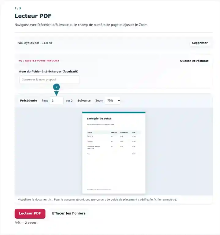 Lecteur PDF, étape 2 : Naviguez avec Précédente/Suivante ou le champ de numéro de page et ajustez le Zoom.