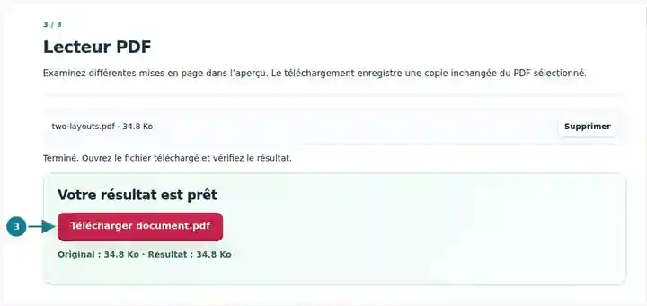 Lecteur PDF, étape 3 : Examinez différentes mises en page dans l’aperçu. Le téléchargement enregistre une copie inchangée du PDF sélectionné.