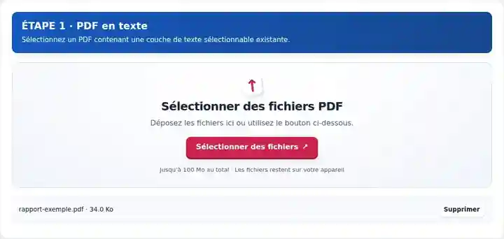 PDF en texte, étape 1 : Sélectionnez un PDF contenant une couche de texte sélectionnable existante.