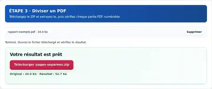 Diviser un PDF, étape 3 : Téléchargez le ZIP et extrayez-le, puis vérifiez chaque partie PDF numérotée.