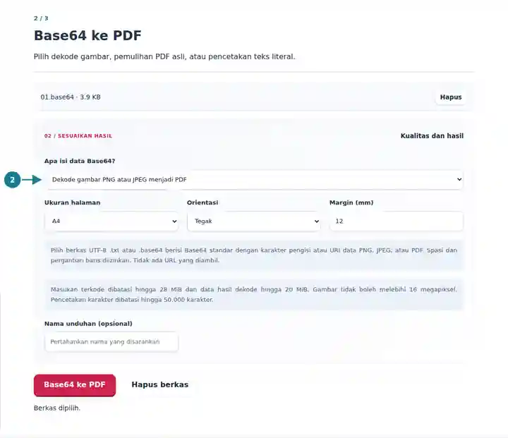 Base64 ke PDF: mode konversi yang jelas dan pengaturan halaman.