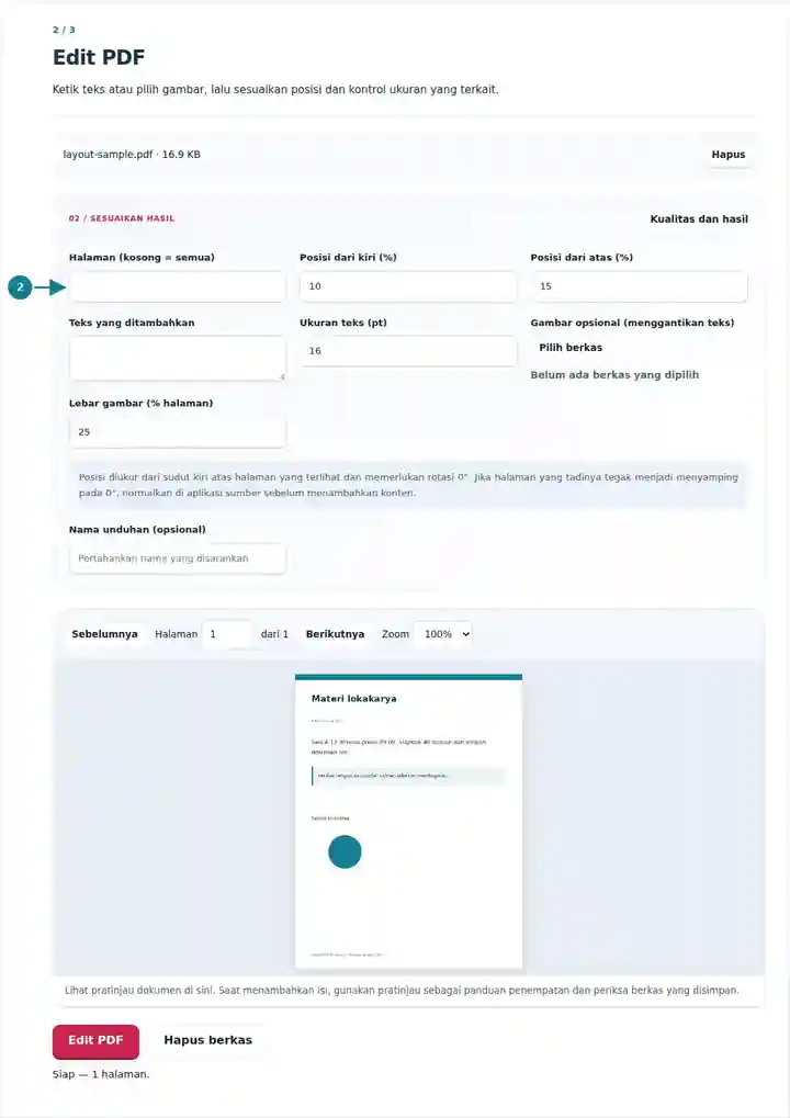 Edit PDF, langkah 2: Ketik teks atau pilih gambar, lalu sesuaikan posisi dan kontrol ukuran yang terkait.