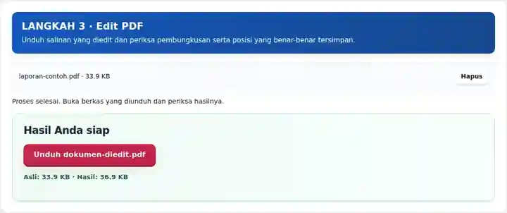 Edit PDF, langkah 3: Unduh salinan yang diedit dan periksa pembungkusan serta posisi yang benar-benar tersimpan.