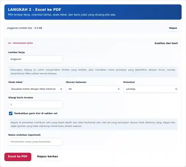 Excel ke PDF, langkah 2: Pilih lembar kerja, orientasi kertas, skala tabel, dan baris judul yang diulang jika ada.