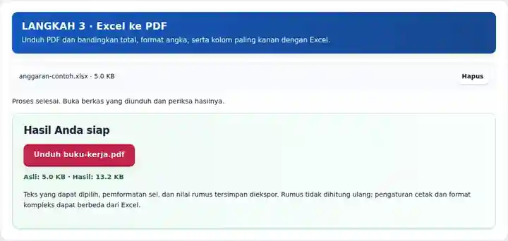 Excel ke PDF, langkah 3: Unduh PDF dan bandingkan total, format angka, serta kolom paling kanan dengan Excel.