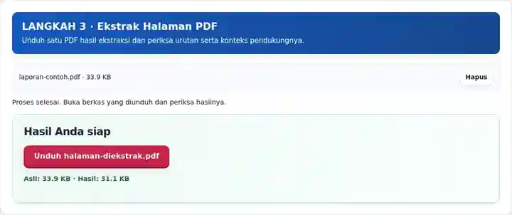 Ekstrak Halaman PDF, langkah 3: Unduh satu PDF hasil ekstraksi dan periksa urutan serta konteks pendukungnya.