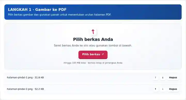 Gambar ke PDF, langkah 1: Pilih berkas gambar dan gunakan panah untuk menentukan urutan halaman PDF.