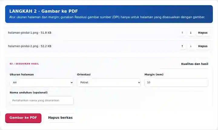 Gambar ke PDF, langkah 2: Atur ukuran halaman dan margin; gunakan Resolusi gambar sumber (DPI) hanya untuk halaman yang disesuaikan dengan gambar.