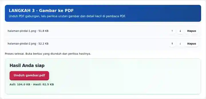 Gambar ke PDF, langkah 3: Unduh PDF gabungan, lalu periksa urutan gambar dan detail kecil di pembaca PDF.