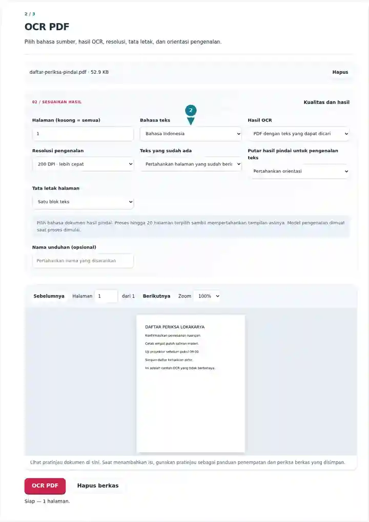 OCR PDF, langkah 2: Pilih bahasa sumber, hasil OCR, resolusi, tata letak, dan orientasi pengenalan.