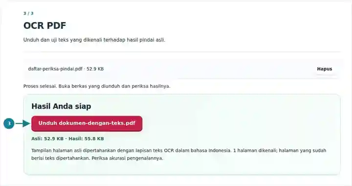 OCR PDF, langkah 3: Unduh dan uji teks yang dikenali terhadap hasil pindai asli.