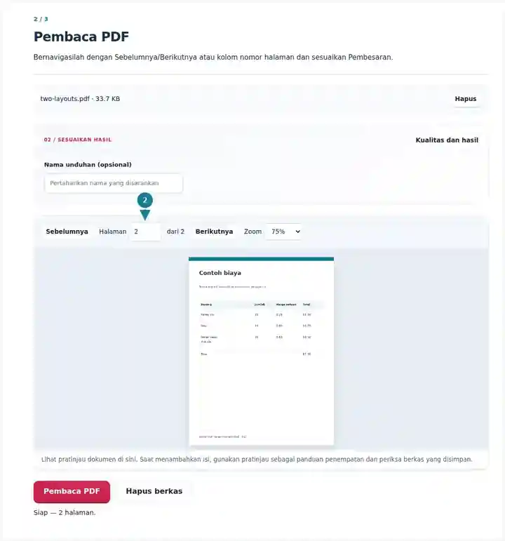 Pembaca PDF, langkah 2: Bernavigasilah dengan Sebelumnya/Berikutnya atau kolom nomor halaman dan sesuaikan Pembesaran.
