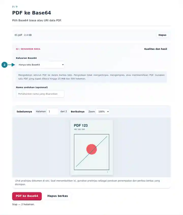 PDF ke Base64: memilih bentuk pengodean keluaran.