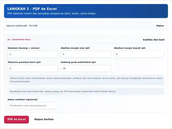PDF ke Excel, langkah 2: Pilih halaman contoh dan sesuaikan pengaturan baris, kolom, serta margin.