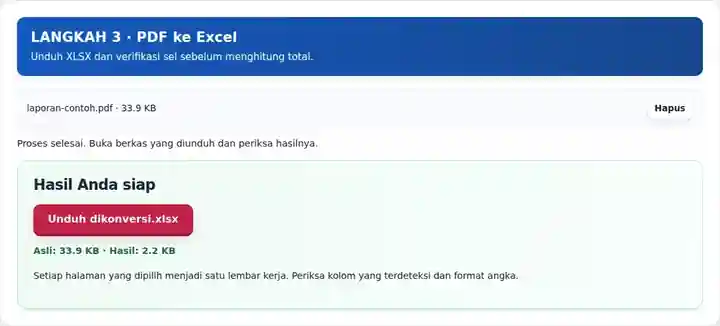 PDF ke Excel, langkah 3: Unduh XLSX dan verifikasi sel sebelum menghitung total.