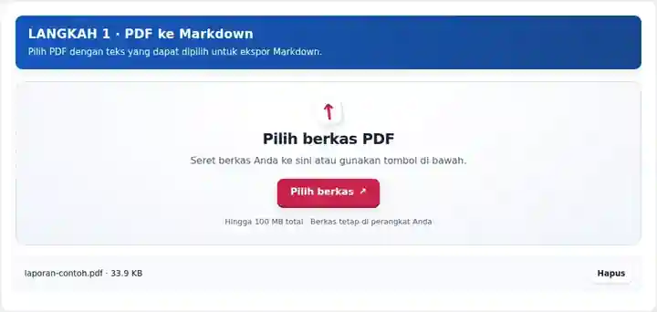 PDF ke Markdown, langkah 1: Pilih PDF dengan teks yang dapat dipilih untuk ekspor Markdown.