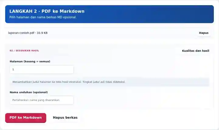 PDF ke Markdown, langkah 2: Pilih halaman dan nama berkas MD opsional.