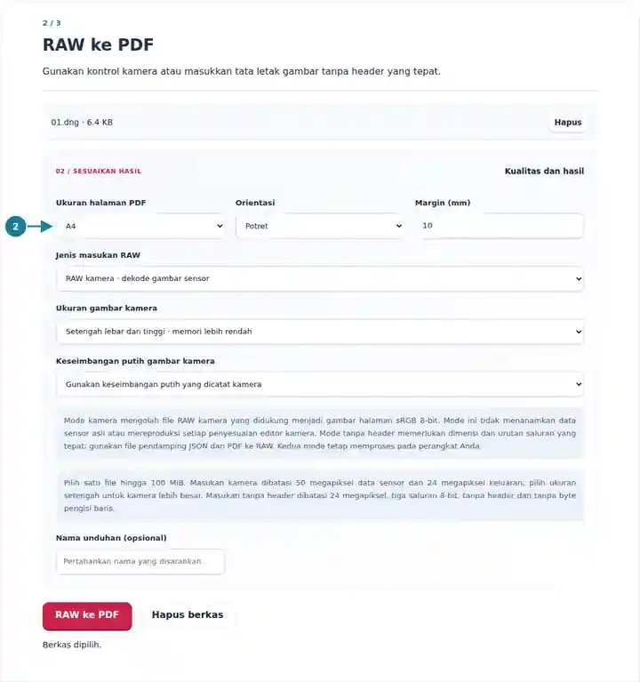 RAW ke PDF: mode masukan, tata letak piksel, dan pengaturan halaman PDF.