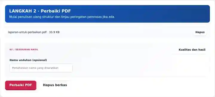 Perbaiki PDF, langkah 2: Mulai penulisan ulang struktur dan tinjau peringatan pemroses jika ada.
