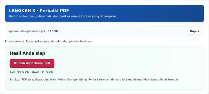 Perbaiki PDF, langkah 3: Unduh salinan yang diperbaiki dan periksa semua konten yang diharapkan.
