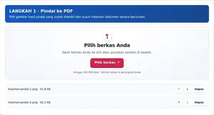 Pindai ke PDF, langkah 1: Pilih gambar hasil pindai yang sudah diambil dan susun halaman dokumen secara berurutan.