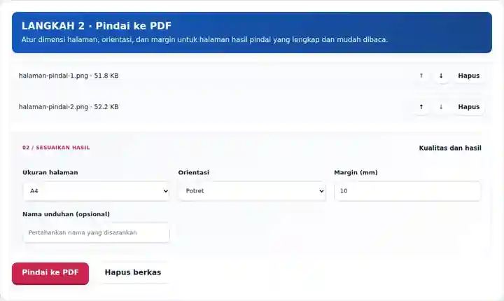 Pindai ke PDF, langkah 2: Atur dimensi halaman, orientasi, dan margin untuk halaman hasil pindai yang lengkap dan mudah dibaca.