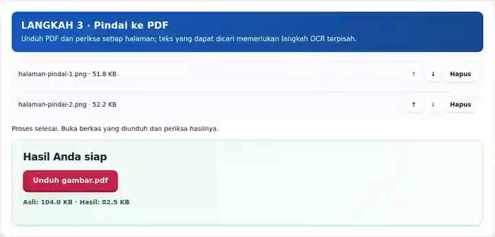 Pindai ke PDF, langkah 3: Unduh PDF dan periksa setiap halaman; teks yang dapat dicari memerlukan langkah OCR terpisah.