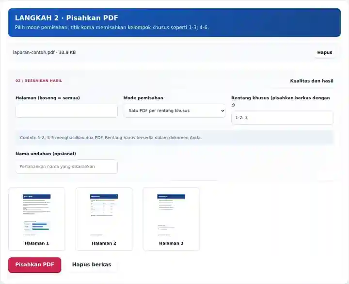 Pisahkan PDF, langkah 2: Pilih mode pemisahan; titik koma memisahkan kelompok khusus seperti 1-3; 4-6.