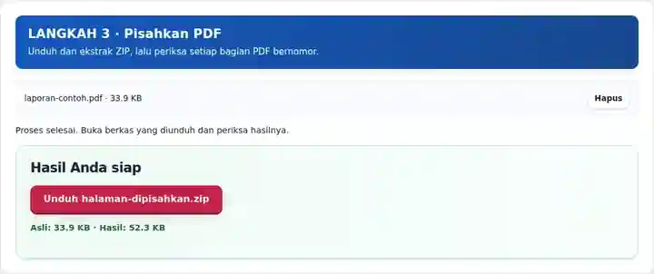 Pisahkan PDF, langkah 3: Unduh dan ekstrak ZIP, lalu periksa setiap bagian PDF bernomor.