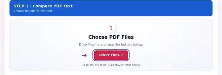 Compare PDF Text, step 1: Choose exactly two PDF versions, with the original first and the revision second.