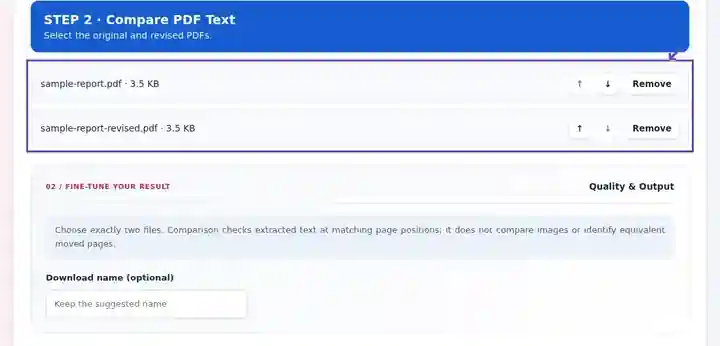 Compare PDF Text, step 2: Run the text comparison after checking page alignment and usable text layers.