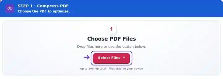 Compress PDF, step 1: Choose the PDF and identify the destination’s size limit.
