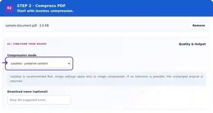Compress PDF, step 2: Select lossless mode or configure and confirm image compression.