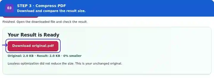 Compress PDF, step 3: Download the result and compare size, readability and functionality.