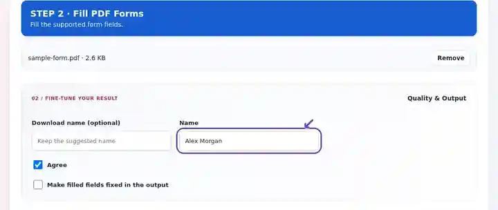 Fill PDF Forms, step 2: Complete the text and choice fields; decide whether to keep them editable.