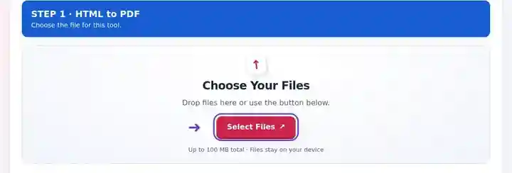 HTML to PDF, step 1: Select the saved HTML or HTM file containing the required text.