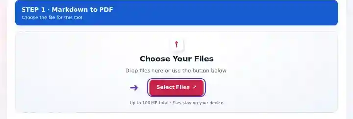 Markdown to PDF, step 1: Choose the local Markdown file containing the notes or procedure.