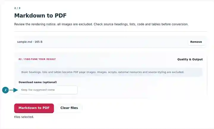 Markdown to PDF, step 2: Review the rendering notice: all images are excluded. Check source headings, lists, code and tables before conversion.