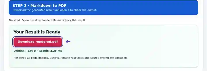 Markdown to PDF, step 3: Download the PDF and inspect headings, code samples and table page breaks.