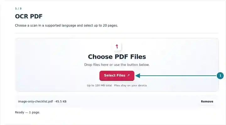 OCR PDF, step 1: Choose a scan in a supported language and select up to 20 pages.