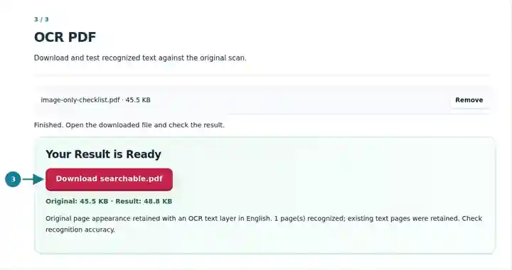 OCR PDF, step 3: Download and test recognized text against the original scan.