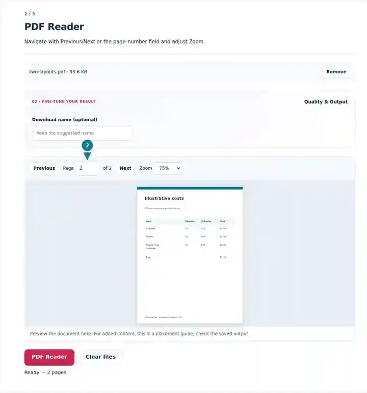 PDF Reader, step 2: Navigate with Previous/Next or the page-number field and adjust Zoom.