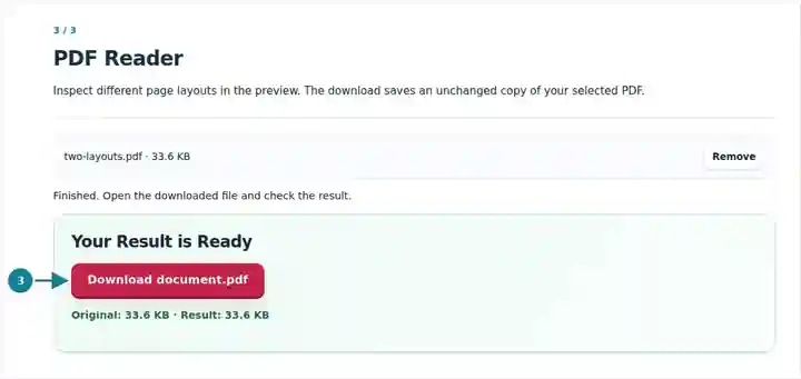 PDF Reader, step 3: Inspect different page layouts in the preview. The download saves an unchanged copy of your selected PDF.