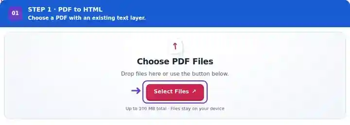 PDF to HTML, step 1: Choose a text-based PDF for HTML extraction.