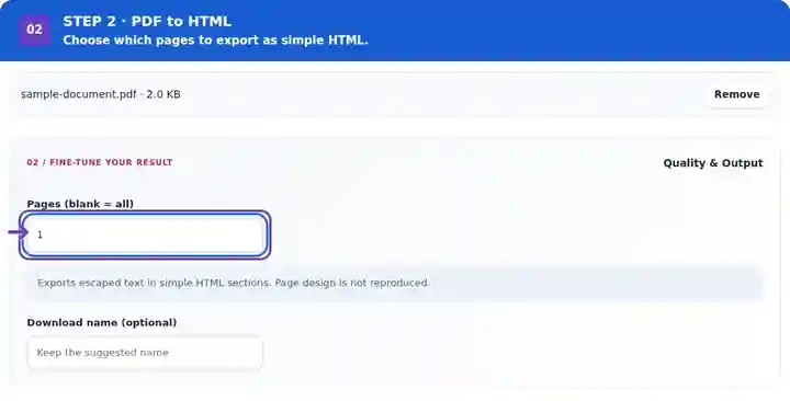 PDF to HTML, step 2: Set the source pages and optional download name.
