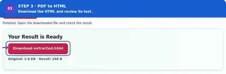 PDF to HTML, step 3: Download the HTML and check its page-labelled text sections.