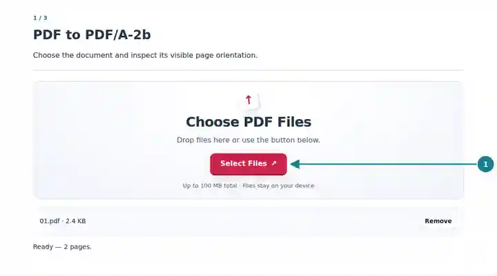 PDF to PDF/A-2b: selecting a PDF with mixed page orientations.